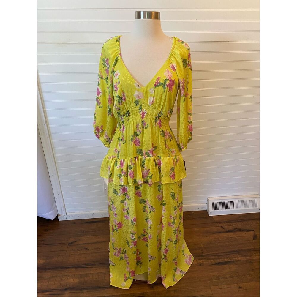 Taylor Floral Lime Pink Floral 3/4 Raglan Sleeve Tiered Flounce Dress NWT Size 8